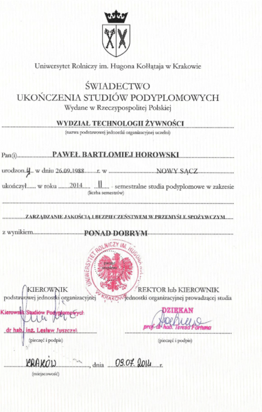 Dyplom ukończenia studiów podyplomowych