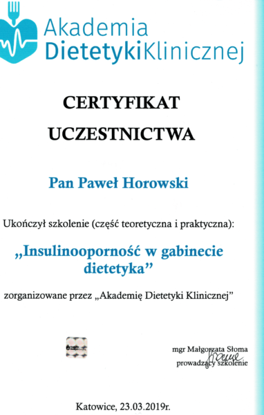 Certyfikat uczestnictwa Insulinooporność w gabinecie dietetyka-1
