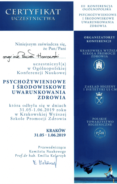 Certyfikat uczestnictwa w konferencji psychożywieniowe i środowiskowe uwarunkowania zdrowia