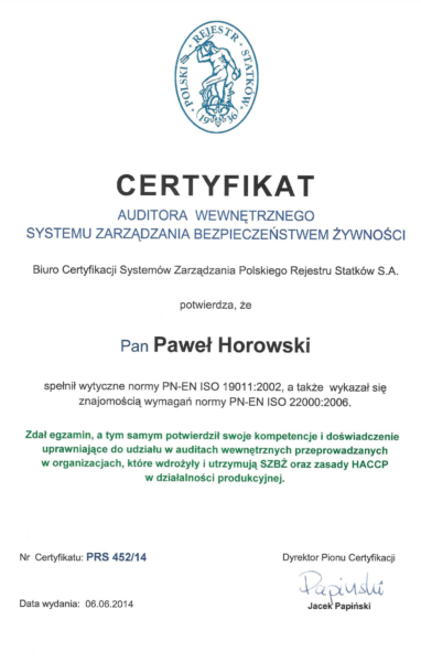 Certyfikat Auditora wenetrznego systemów zarządzania bezpieczeństwem żywności