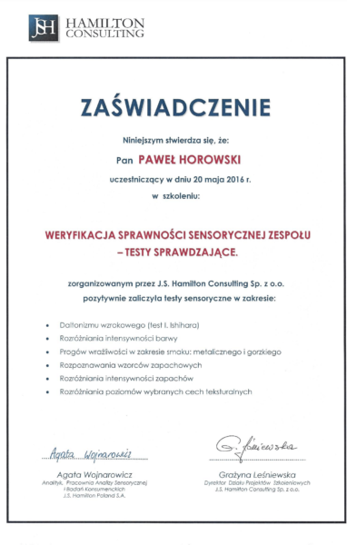 Certyfikat ukończenia szkolenia Weryfikacja Sprawności Sensorycznej Zespołu-Testy Sprawdzające