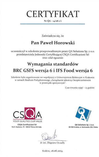 Certyfikat ukończenia szkolenia z wymagań standardów BRC GSFC i IFS